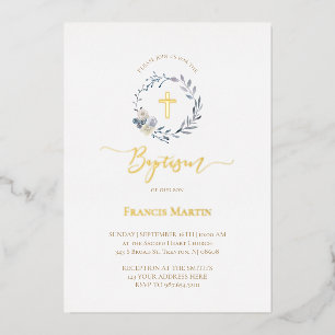 En Aluminium couronne bleu poussiéreux Baptême Foil Invitation