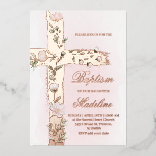 En Aluminium Croix sainte florale Baptême Foil Invitation