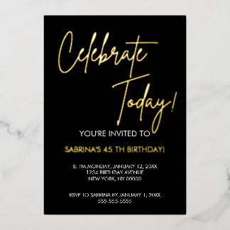 En Aluminium Elegant Black and Gold Foil Birthday Invitation