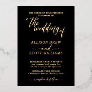 En Aluminium Elégant Black Gold Script Mariage Foil Invitation