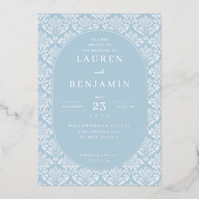 En Aluminium Elegant Blue Damask Wedding Invitation (Recto)