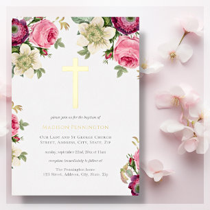 En Aluminium Elégant Floral Gold Cross Baptism Foil Invitation