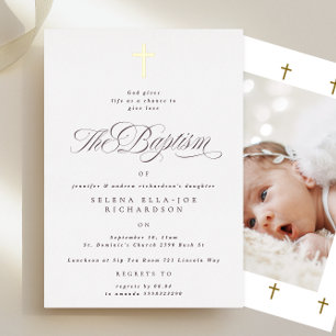 En Aluminium Elegant Gold Cross Baptism Photo Invitation