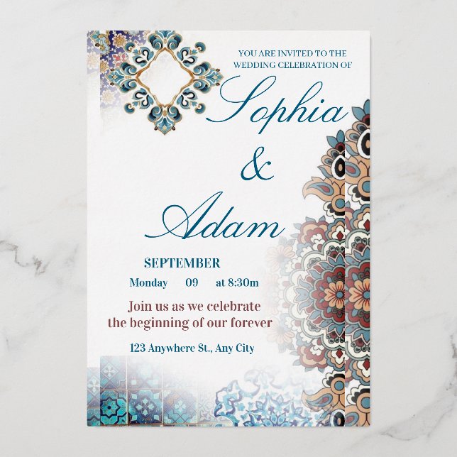 En Aluminium Elegant Moroccan Tile Wedding Invitation (Recto)