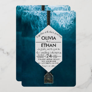 En Aluminium Elégant océan bleu vagues Mariage Foil Invitation