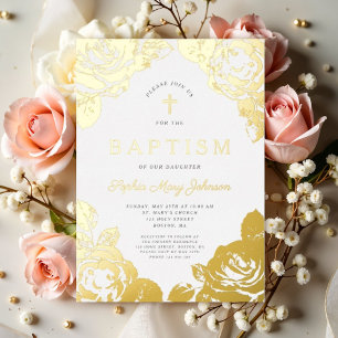 En Aluminium Élégante Floral Girl Baptism Gold Foil Invitation