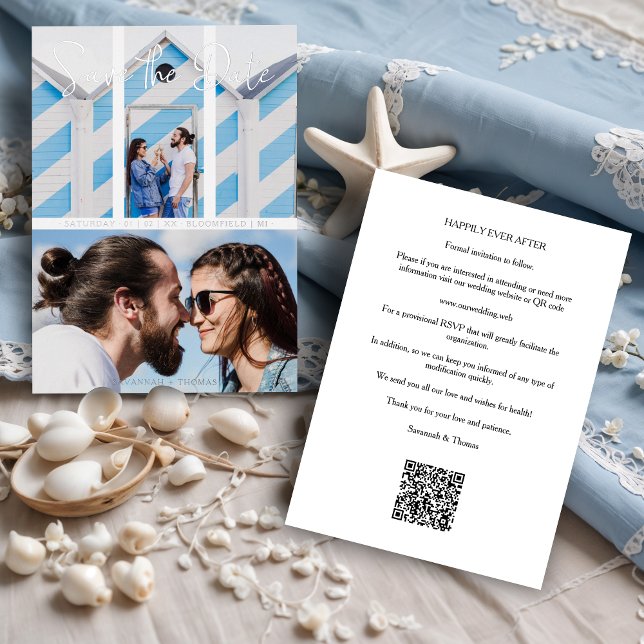 En Aluminium Foil Invitation (Wedding Modern Elegant Collage 2 Photos Couple Metallic Foil Save the Date Card with QR code. )