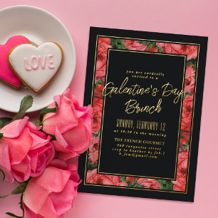En Aluminium Foil Rose Frame Galentine's Day Invitation - Noir