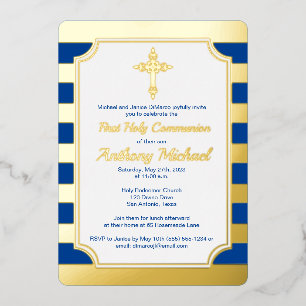 En Aluminium Gold Foil Striped 1er Invitation communion avec cr