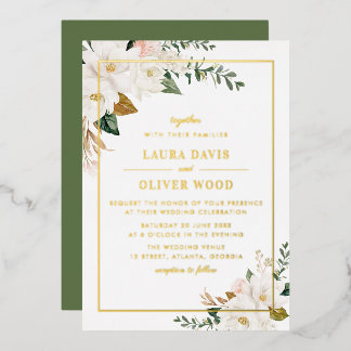 En Aluminium Gold Foil white magnolia floral wedding invitation