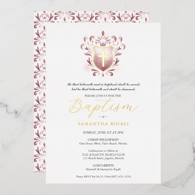En Aluminium Invitation Baptême de fille Cimier Rose Dusty (Recto/Verso)