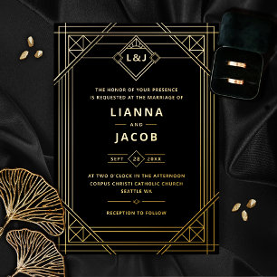 En Aluminium Invitation de mariage Art Déco noir et or à feuill