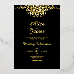 En Aluminium Invitation de mariage classique noire avec feuille