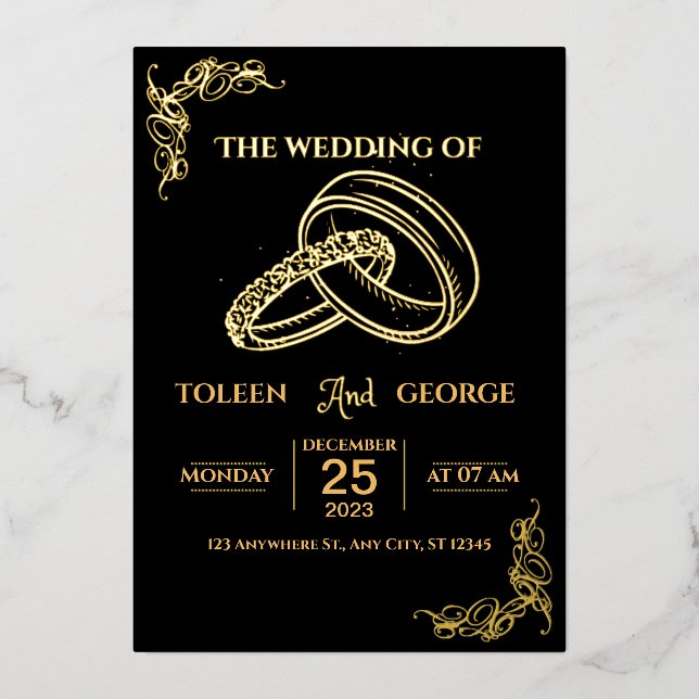 En Aluminium Invitation de mariage élégante noire et dorée (Recto)