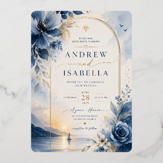 En Aluminium Invitation de mariage florale royale bleue