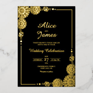 En Aluminium Invitation de mariage luxeuse Mandala noir et feui