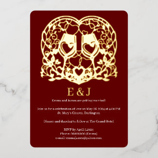 En Aluminium Invitation de mariage, verres à vin, cœurs