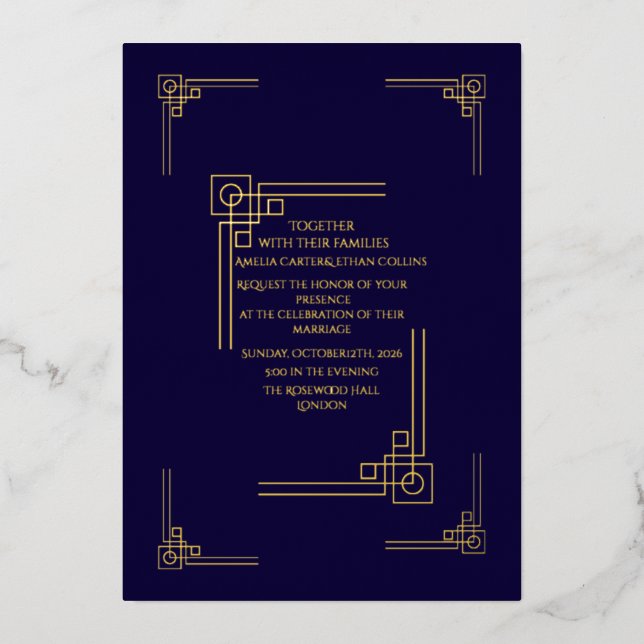 En Aluminium Invitation élégante avec foil Navy & Or (Recto)