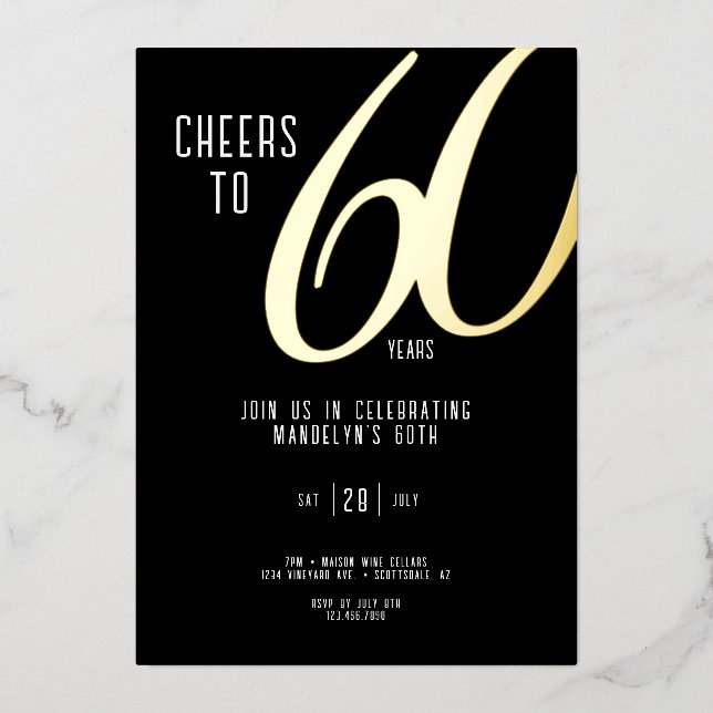 En Aluminium Invitation Foil 60e anniversaire sur Black (Recto)