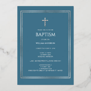 En Aluminium Invitation garçon Croix d'argent bleu poussiéreux