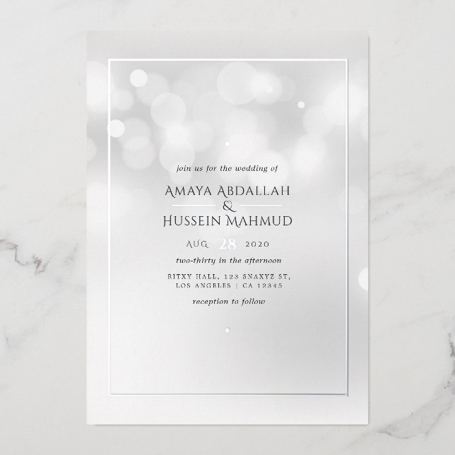En Aluminium Invitation Mariage Silver Bokeh Foil (Recto)
