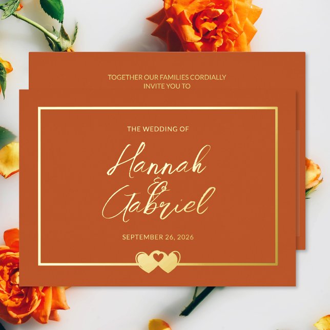 En Aluminium Invitation mariage Terracotta et Gold Foil (The front and back of the Terracotta Gold Wedding Foil Invitation)