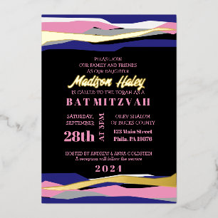 En Aluminium Invitation pour Bar Mitzvah Navy Pink Bar avec feu