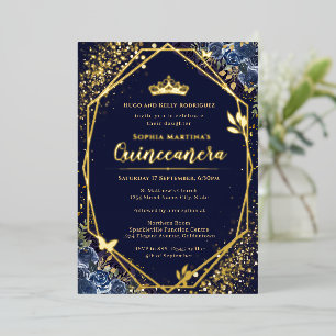 En Aluminium Invitation Quinceañera bleu marine et feuille d'or