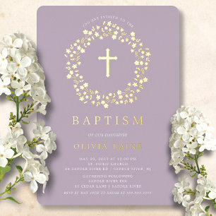 En Aluminium Lavande Floral Premier Baptême Foil Invitation