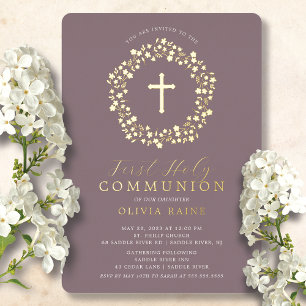 En Aluminium Mauve Floral Girls First Communion Foil Invitation