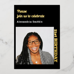 En Aluminium Photo 21e anniversaire Black Gold Foil Invitation
