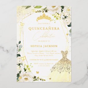 En Aluminium Robe Florale d'or quinceanera Foil Invitation