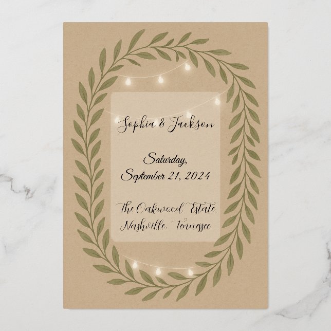 En Aluminium Rustic Olive Green Wedding Invitation with String  (Recto)