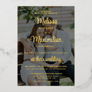 En Aluminium Script or moderne 2 photos Invitation feuille mari