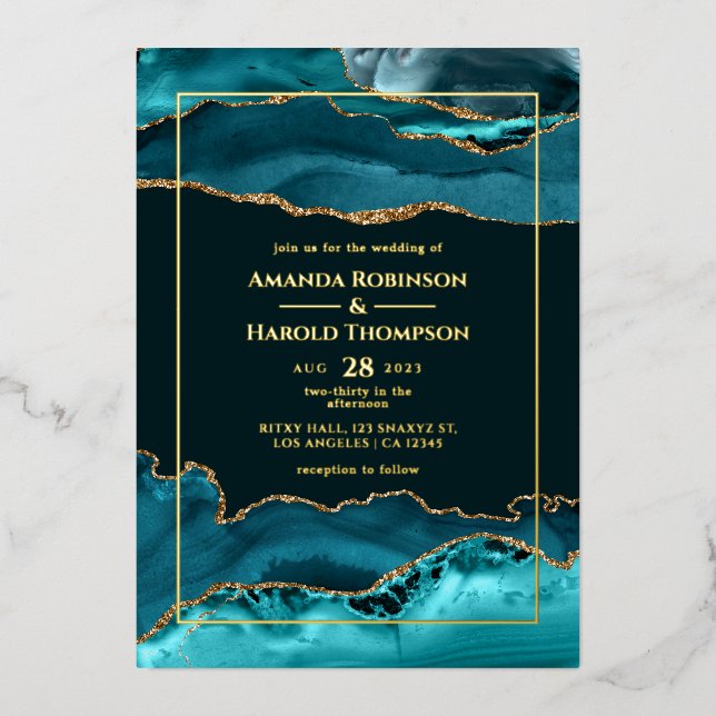 En Aluminium Tourquoise et or Agate Mariage Foil Invitation (Recto)