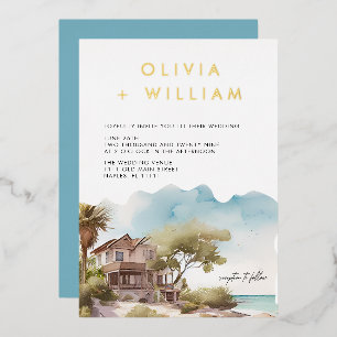 En Aluminium Tropical Seascape Beach Wedding Foil Invitation