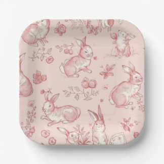 En Carton Assiettes de fête Lapin Toile de Jouy Rose
