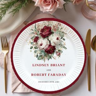 En Carton Assiettes dorées florales burgundy bohème sophisti