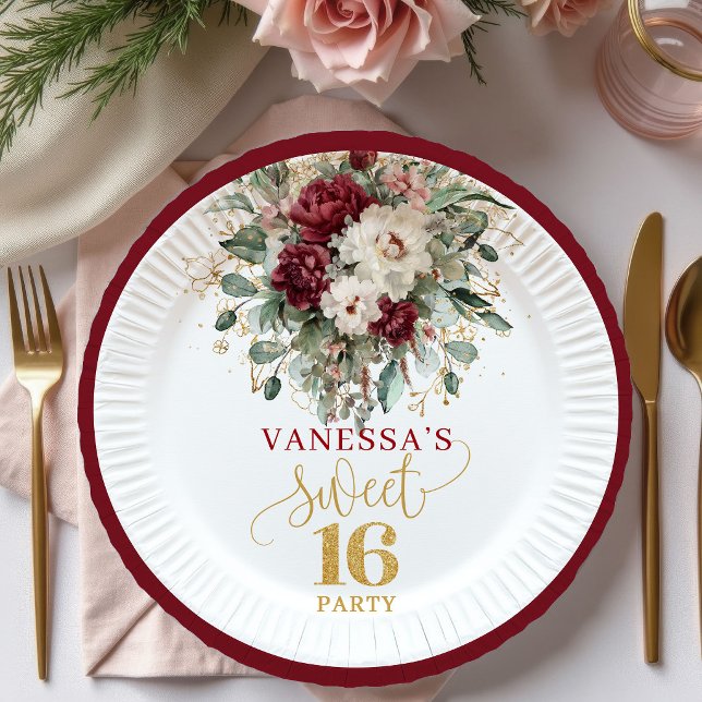 En Carton Assiettes Douce Douzième Année Rose Bourgogne Euca (Soft Sweet 16 Blush Burgundy Eucalyptus Plates)