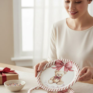 En Carton Assiettes pour Baby Shower Ourson à Ruban Rouge