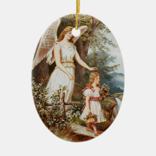 En Céramique Ange gardien menant un ornement d'enfant