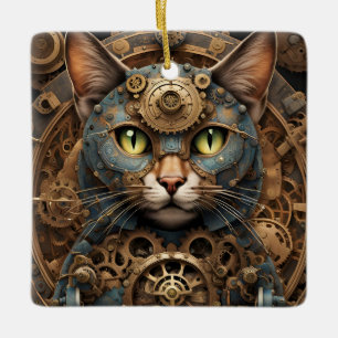 En Céramique bleu steampunk chat AI ornement d'art