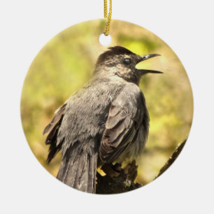 En Céramique Catbird gris chantant son ornement de chanson