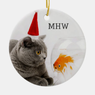 En Céramique Chat et Poisson amusant ornement monogramme person