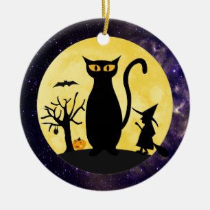 En Céramique Chat sur un ornement de lune de Halloween