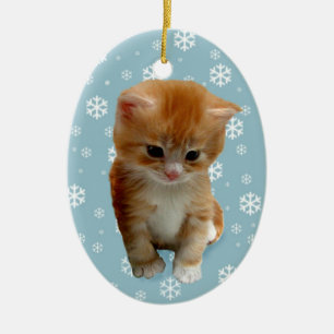 En Céramique Chaton rouge mignon, flocons de neige sur ornement