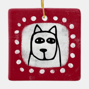 En Céramique Chien Drôle Sur Ornement Rouge