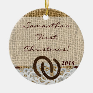 En Céramique Country Rustic Burlap Nom personnalisé Ornement