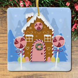 En Céramique Cute Whimsical Gingerbread Maison Ornement Bleu