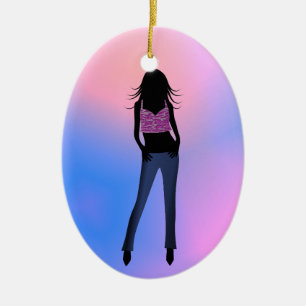 En Céramique Fashion Girl in Blue Jeans Standard Oval Ornement